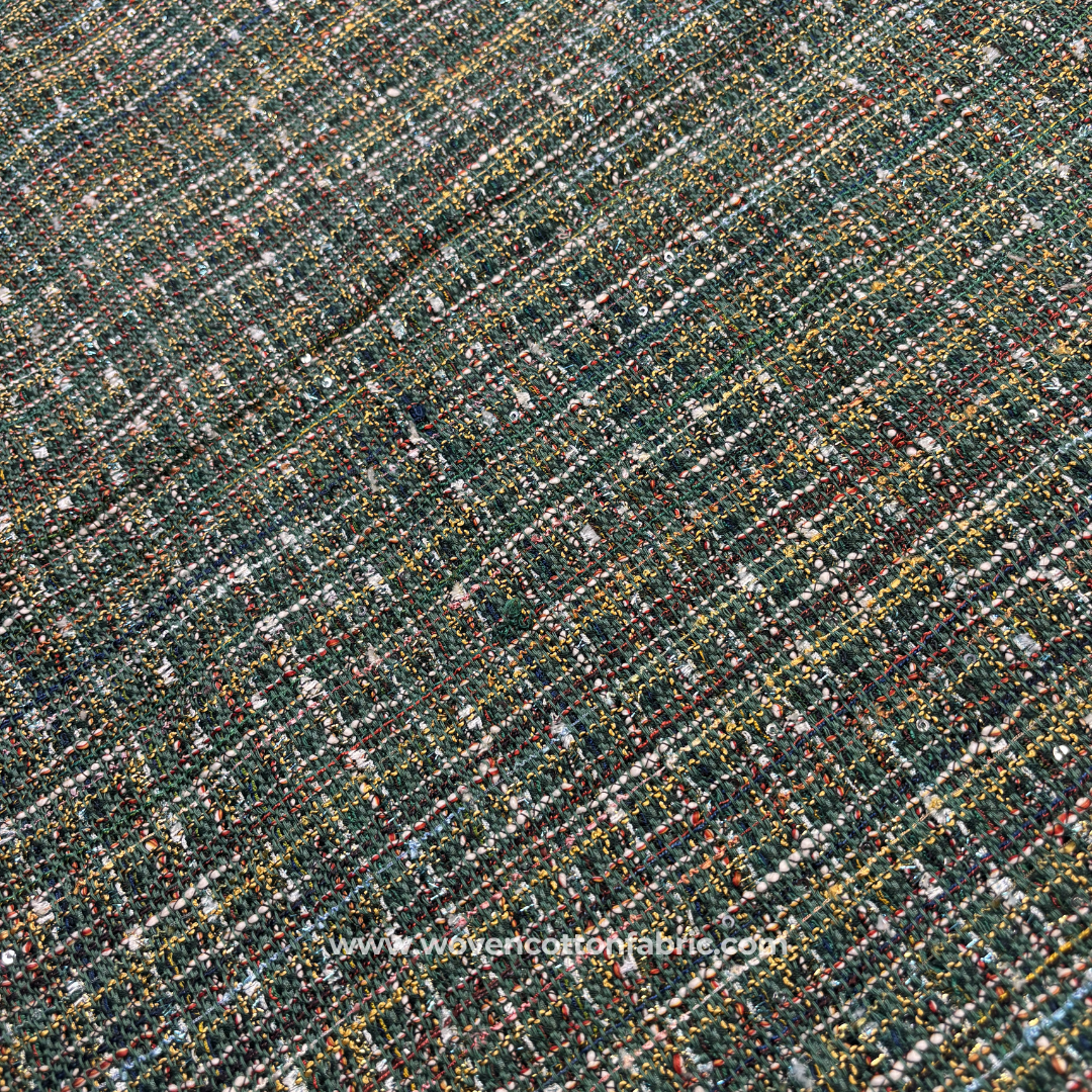 Deep Green Textured Tweed Fabric with Multi-Color Flecks Per Meter