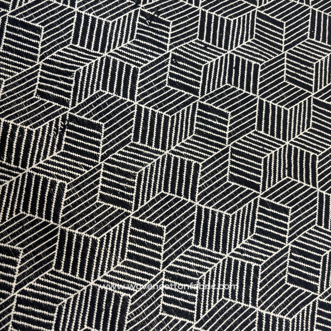 Black and White Geometric Illusion Cotton Handloom Fabric, Per Meter