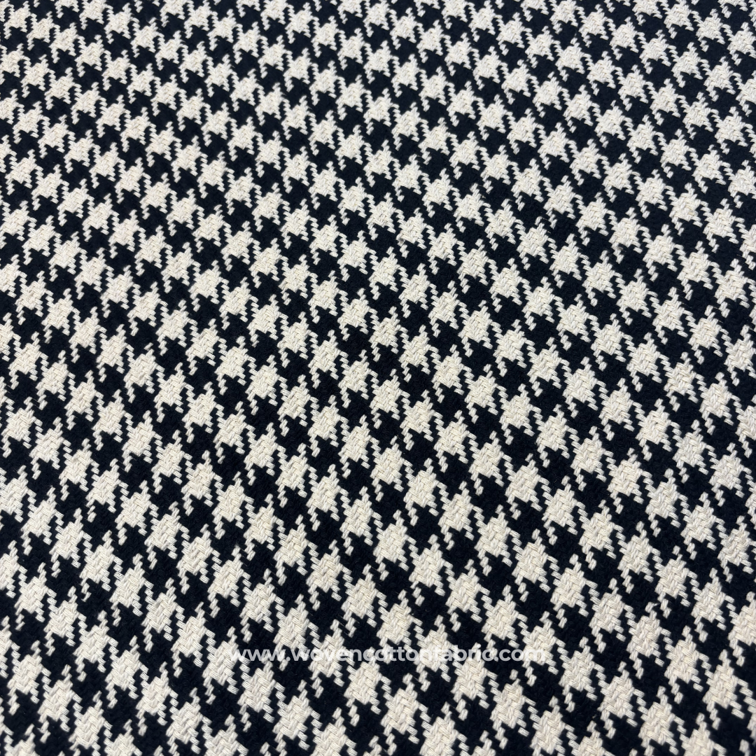 Classic Black and White Houndstooth Cotton Handloom Fabric, Per Meter