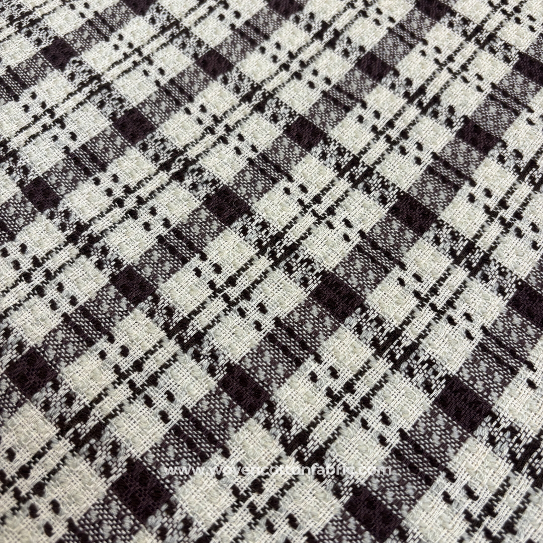 Dark Brown and White Textured Plaid Check Cotton Handloom Fabric, Per Meter