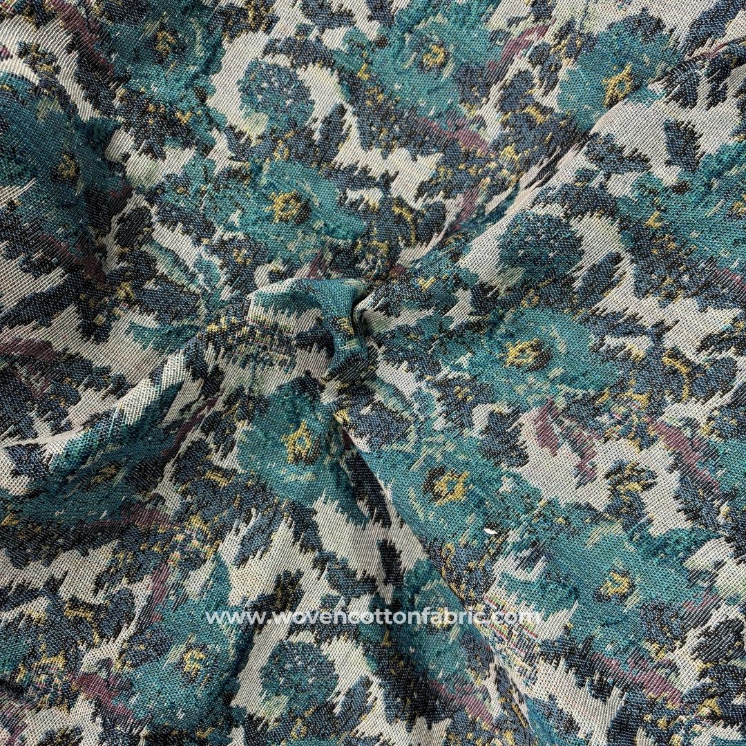 Ocean Blossom Blue Cotton Jacquard Fabric, A4 Swatch