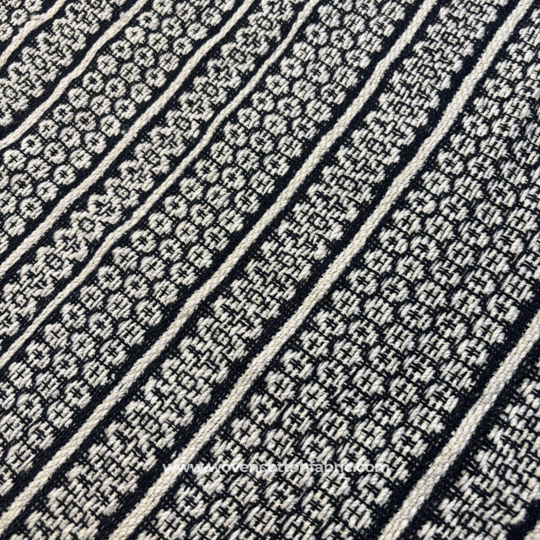 Black and Off-White Textured Grid Waffle Cotton Handloom Fabric, Per Meter