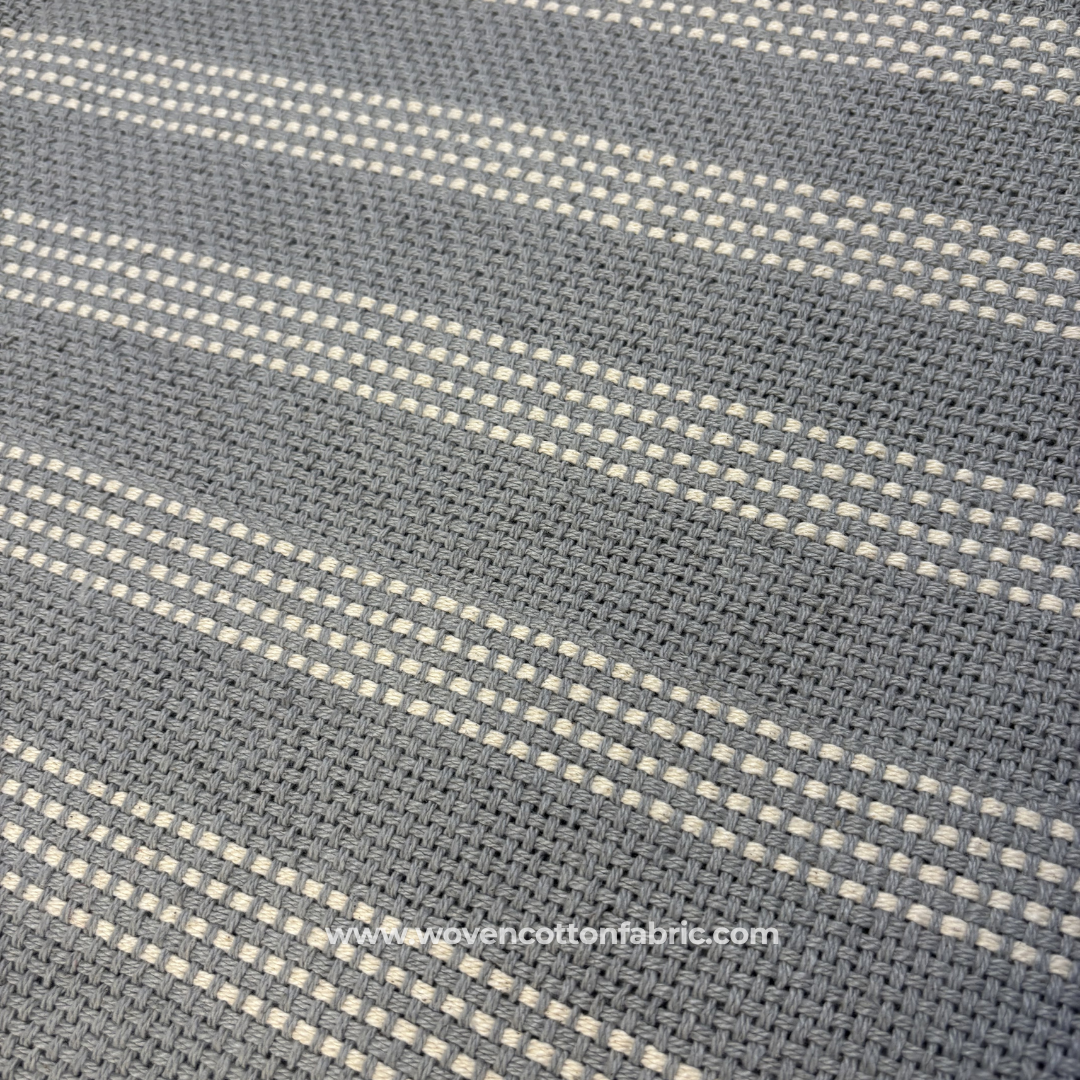 Powder Blue and White Textured Dash Stripe Cotton Handloom Fabric, Per Meter