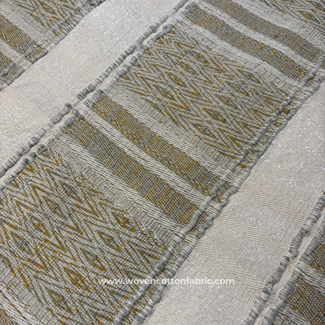 Ochre Olive and Grey Ikat Geometric Diamond Stripe Cotton Handloom Fabric, Per Meter