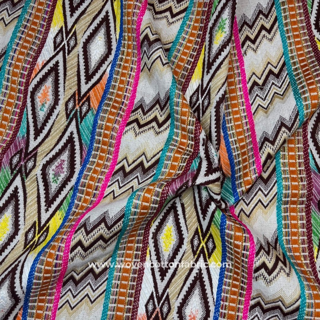 Diamond Zigzag Pattern Orange Cotton Jacquard Fabric, Per Meter