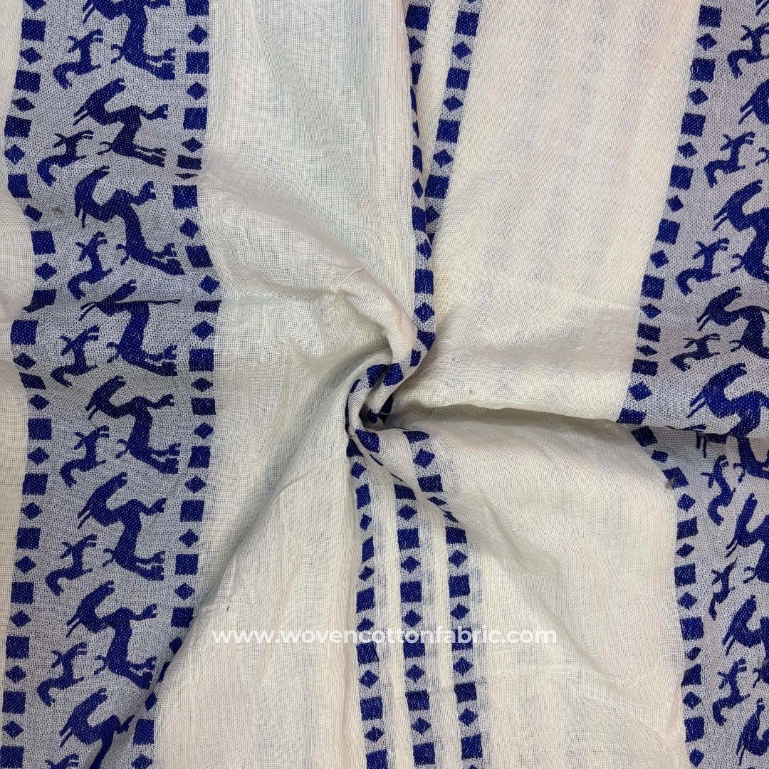 Warli Trot Blue Cotton Jacquard Fabric ,A4 Swatch