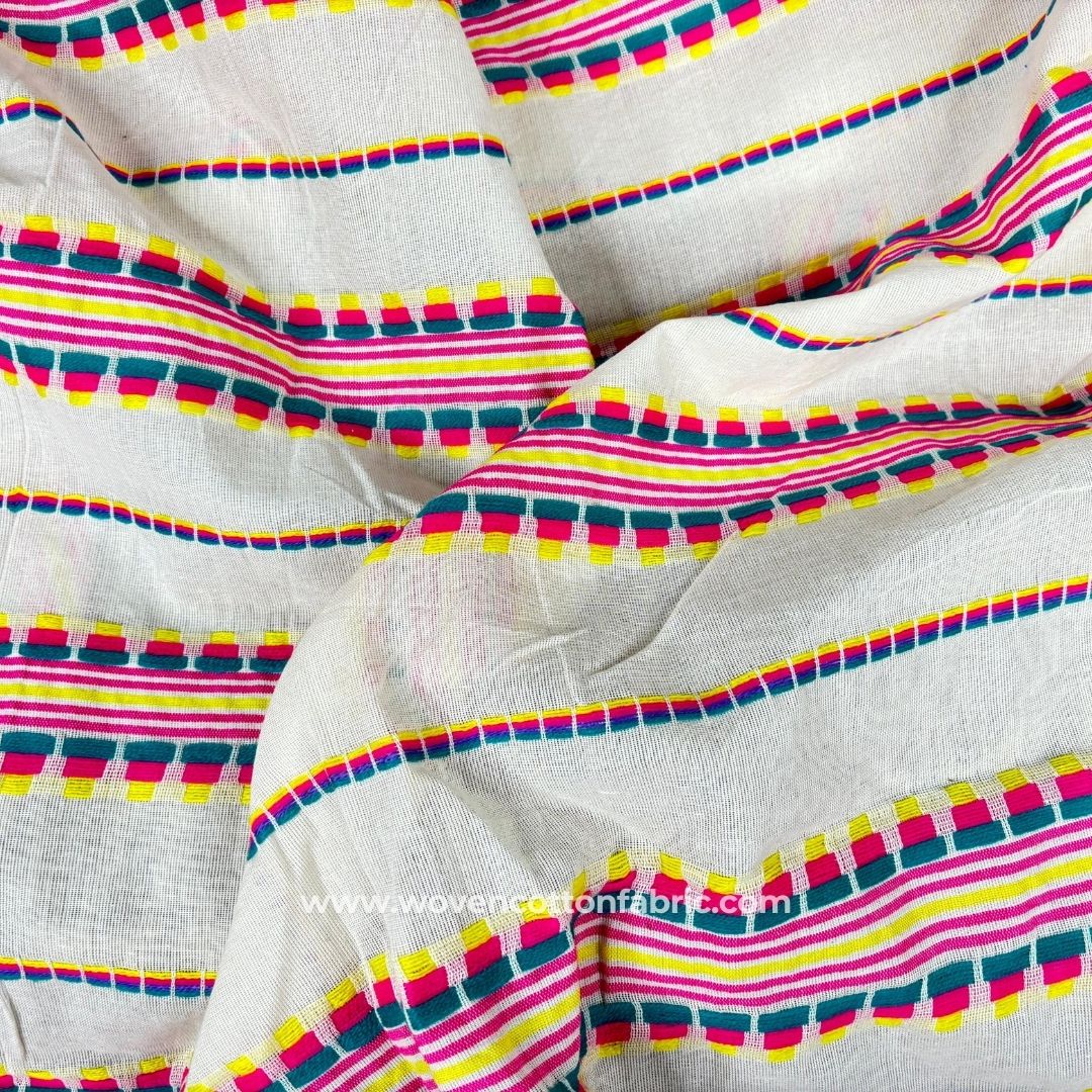 Fiesta Lines White Cotton Jacquard Fabric, A4 Swatch
