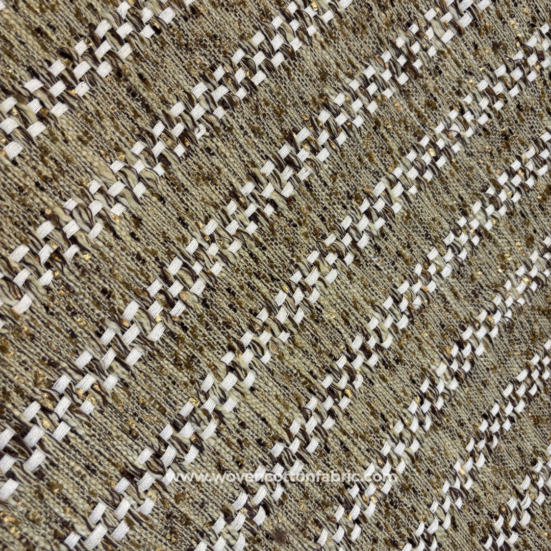 Earthy Antique Gold Flecked Tweed Chevron Cotton Handloom Fabric with Subtle Gold Zari Accents, Per Meter