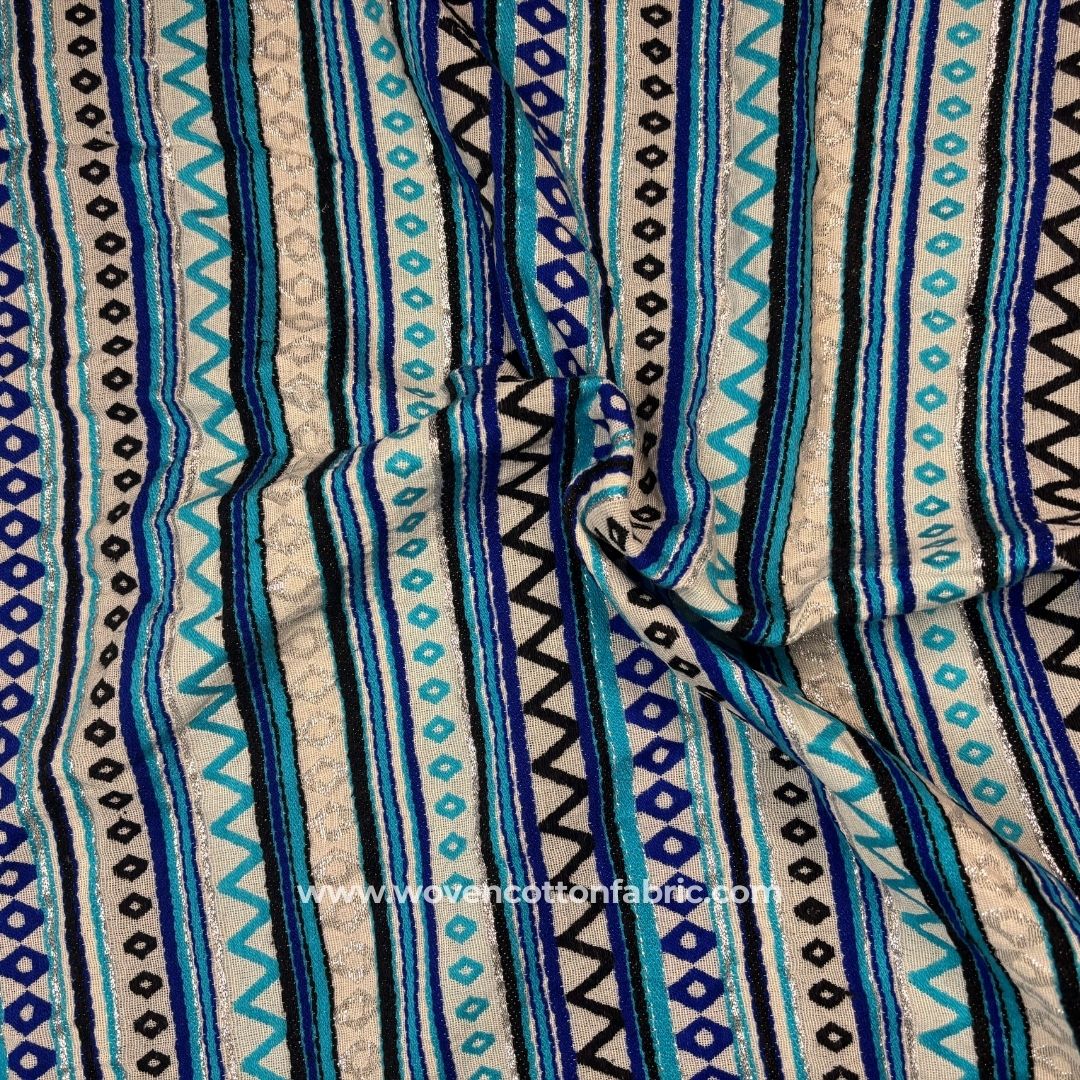 Golden Flair Weave Pattern Blue Jacquard Fabric, Per Meter