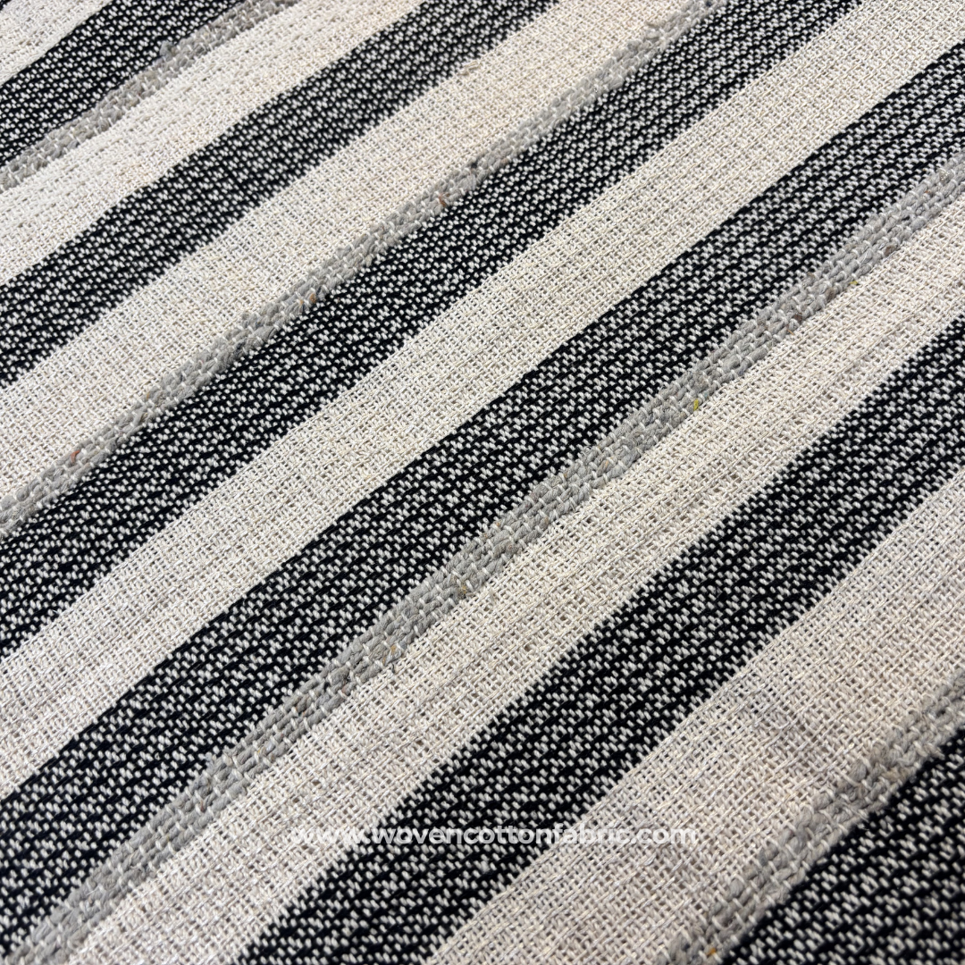 Monochrome Charcoal Black and Grey Multi-Stripe Textured Cotton Handloom Fabric, Per Meter