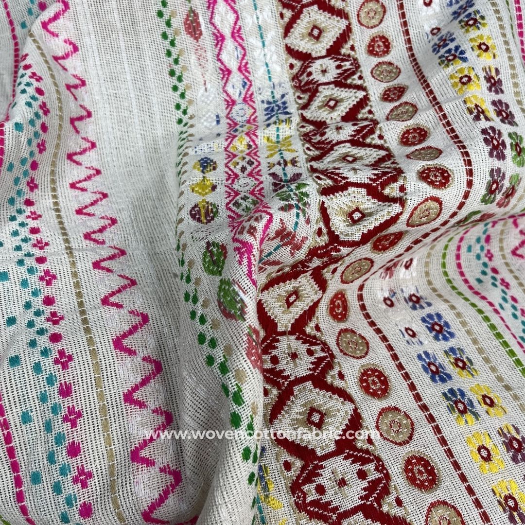 Monsoon Drizzles White Cotton Jacquard Fabric, A4 Swatch