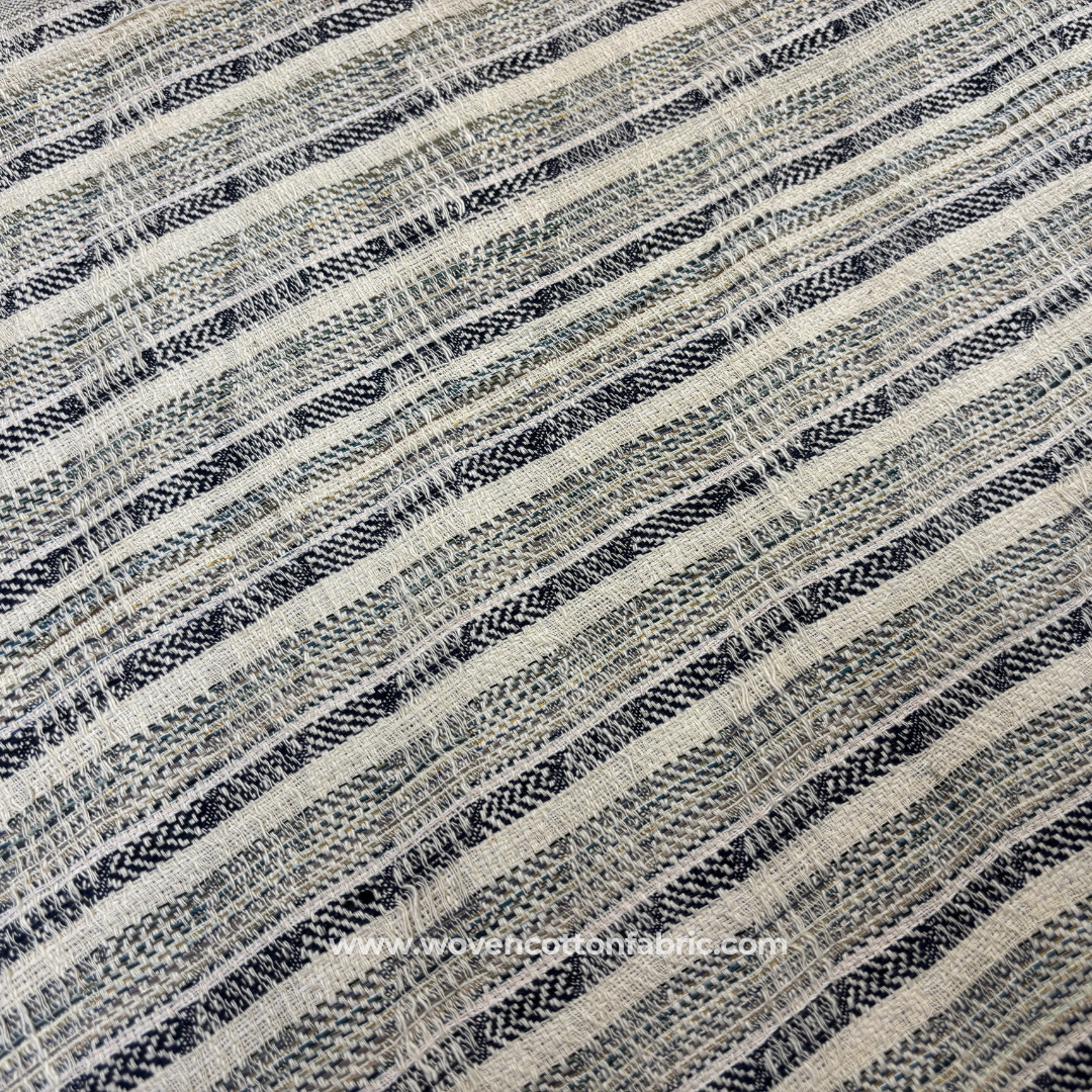 Crimson Red and Slate Blue Multi-Stripe Textured Cotton Handloom Fabric, Per Meter