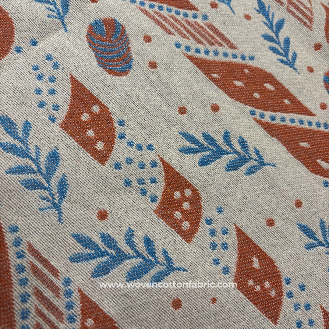 Abstract Botanical Orange Jacquard Cotton Fabric, Per Meter