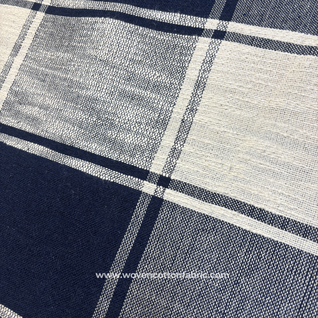 Indigo Blue and Natural Off-White Structural Windowpane Plaid Check Cotton Handloom Fabric, Per Meter