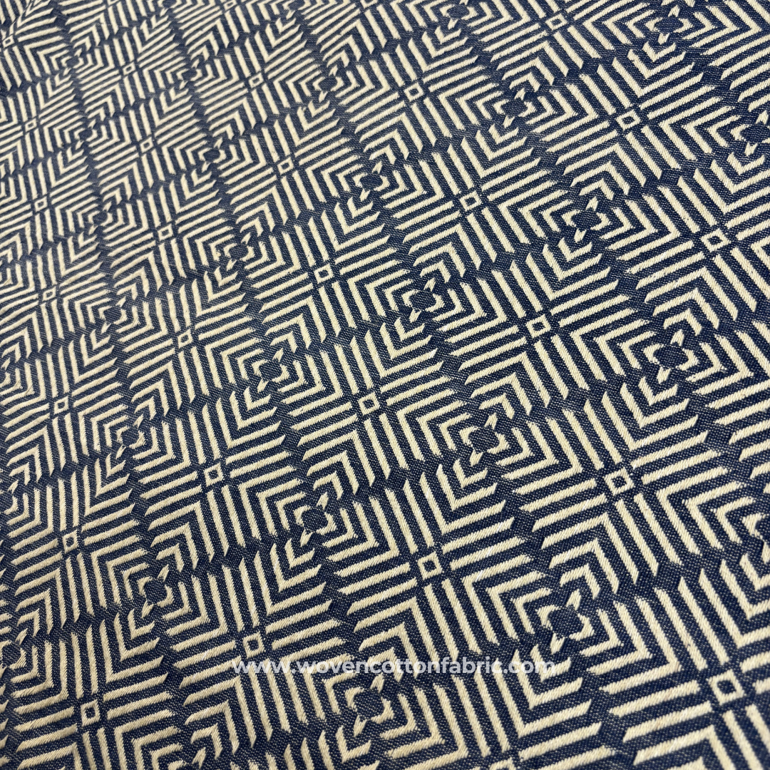 Classic Indigo Blue and White Architectural Geometric Maze Jacquard Cotton Handloom Fabric, Per Meter