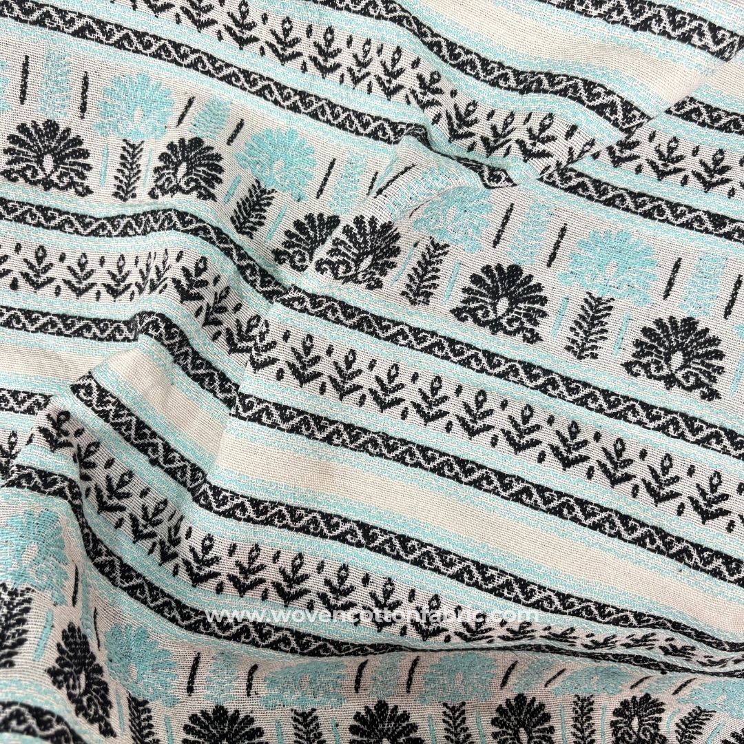 Meadow Imprint Blue Cotton Jacquard Fabric, Per Meter