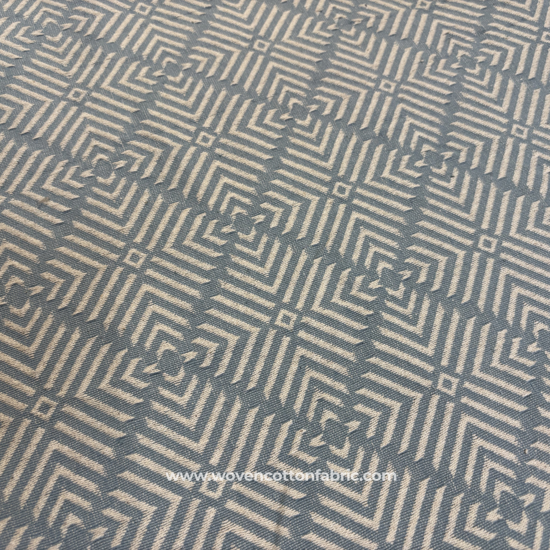 Soft Powder Blue and Off-White Architectural Geometric Maze Jacquard Cotton Handloom Fabric, Per Meter