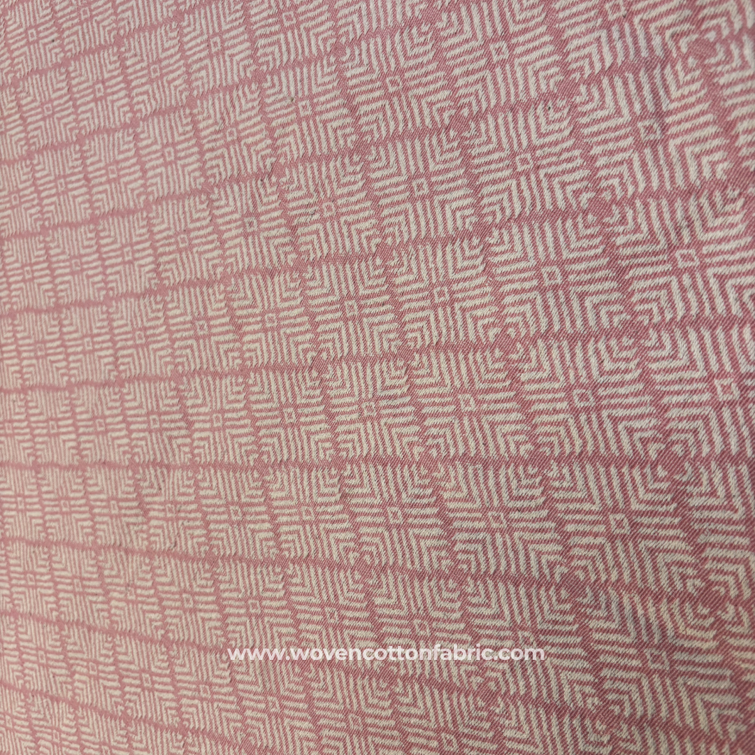 Soft Rose Pink and Off-White Architectural Geometric Maze Jacquard Cotton Handloom Fabric, Per Meter