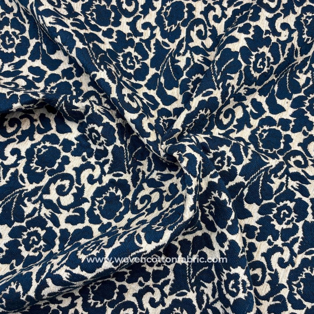 Verdant Veil Blue Cotton Jacquard Fabric, A4 Swatch