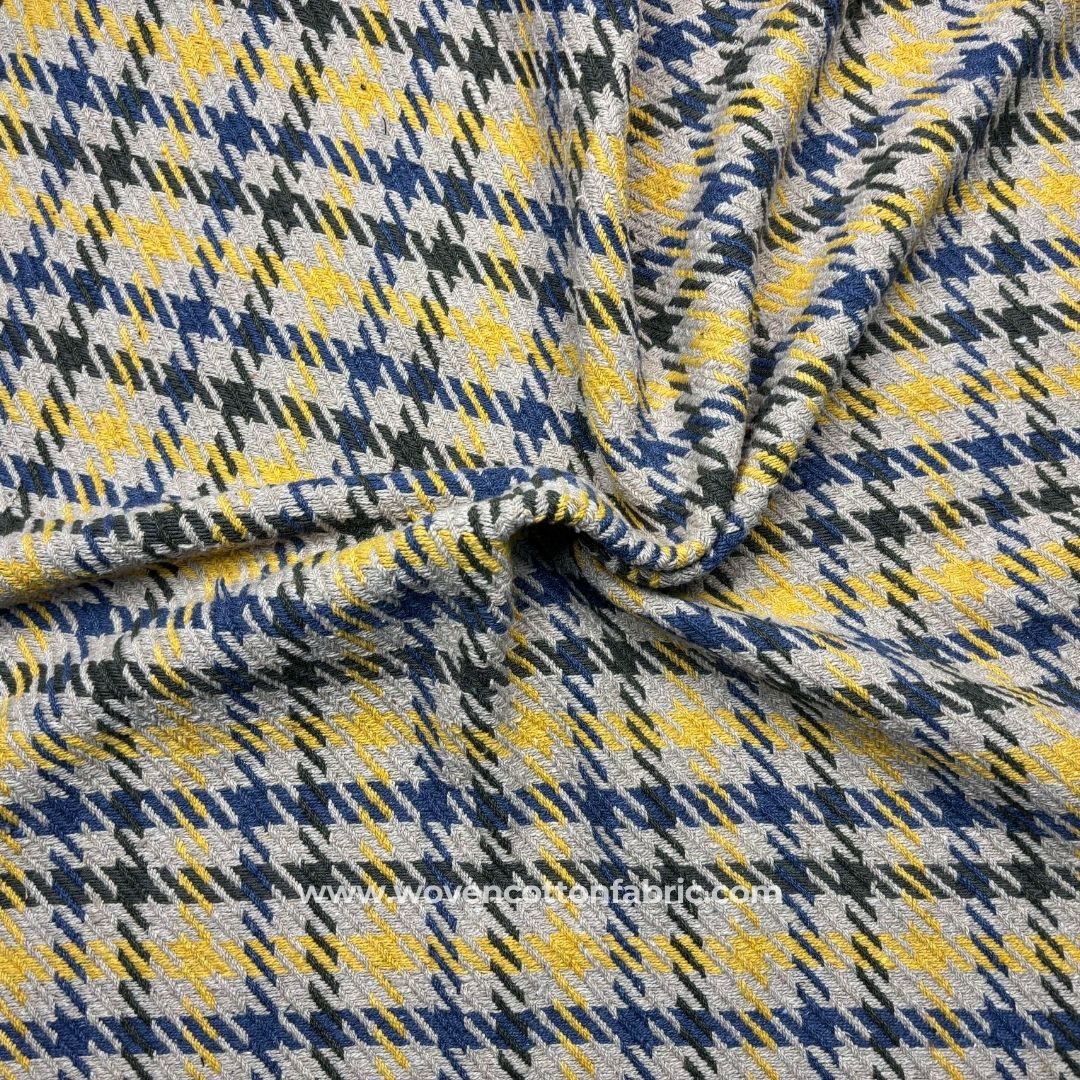 Quilted Checks Yellow Cotton Jacquard Fabric, A4 Swatch