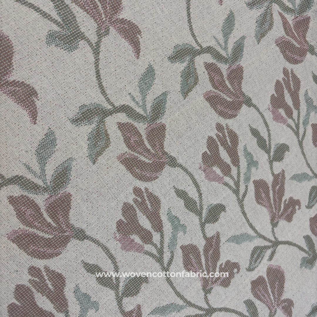Vintage Dusty Rose Pink and Sage Green Woven Floral Vine Jacquard Cotton Handloom Fabric, Per Meter