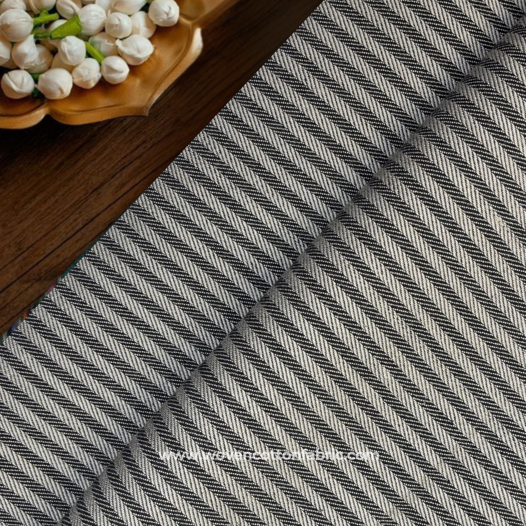 Charcoal Black and White Bold Diagonal Twill Striped Cotton Handloom Fabric, Per Meter