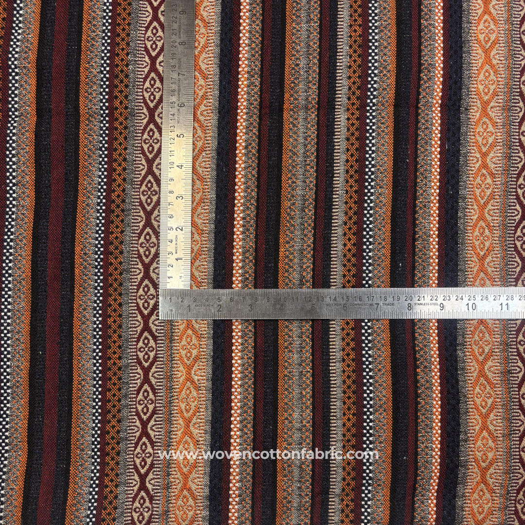 Rust Terracotta and Charcoal Tribal Geometric Striped Jacquard Cotton Handloom Fabric, Per Meter