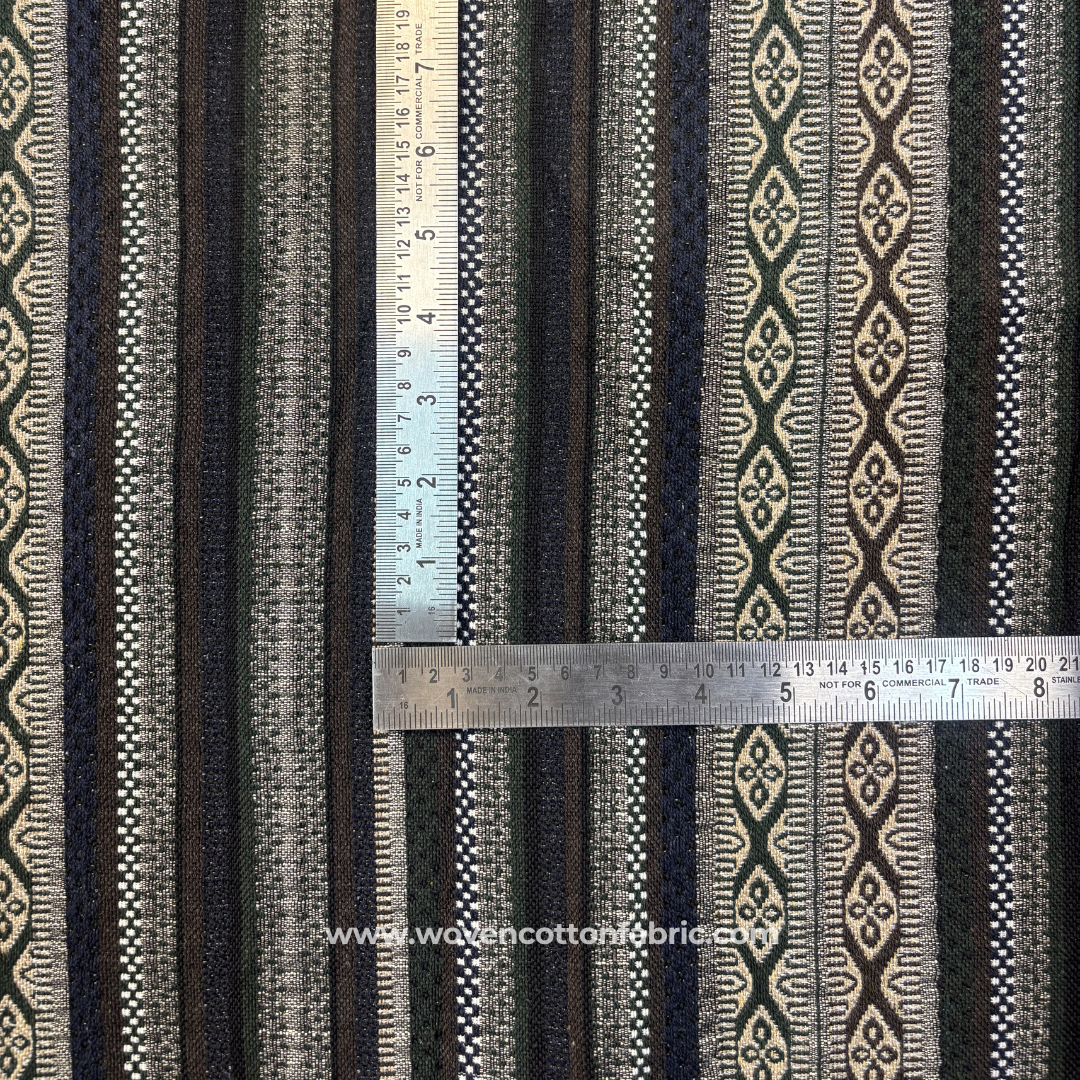 Forest Olive Green and Indigo Tribal Geometric Striped Jacquard Cotton Handloom Fabric, Per Meter