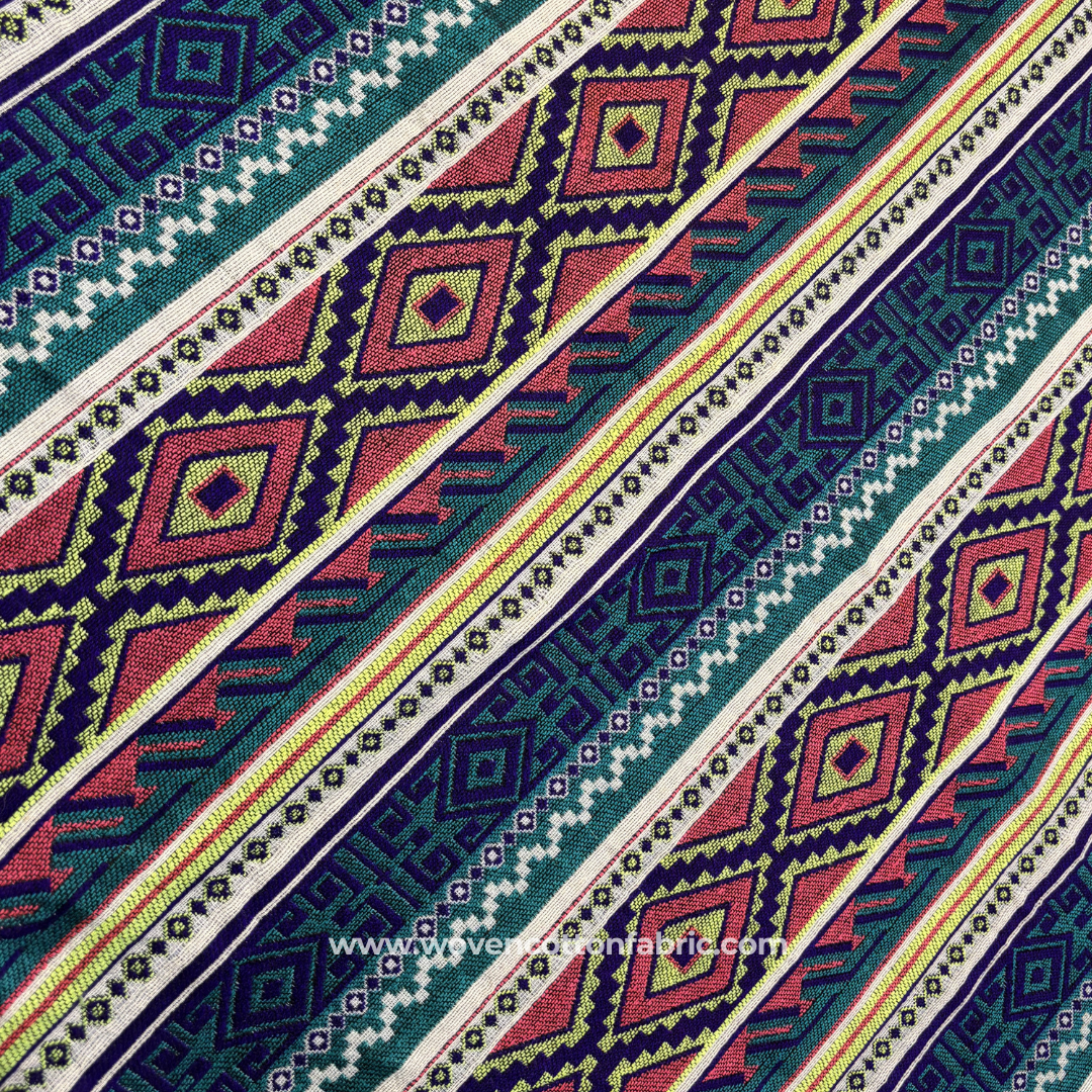 Vibrant Teal and Coral Aztec Geometric Diamond Striped Jacquard Cotton Handloom Fabric, Per Meter