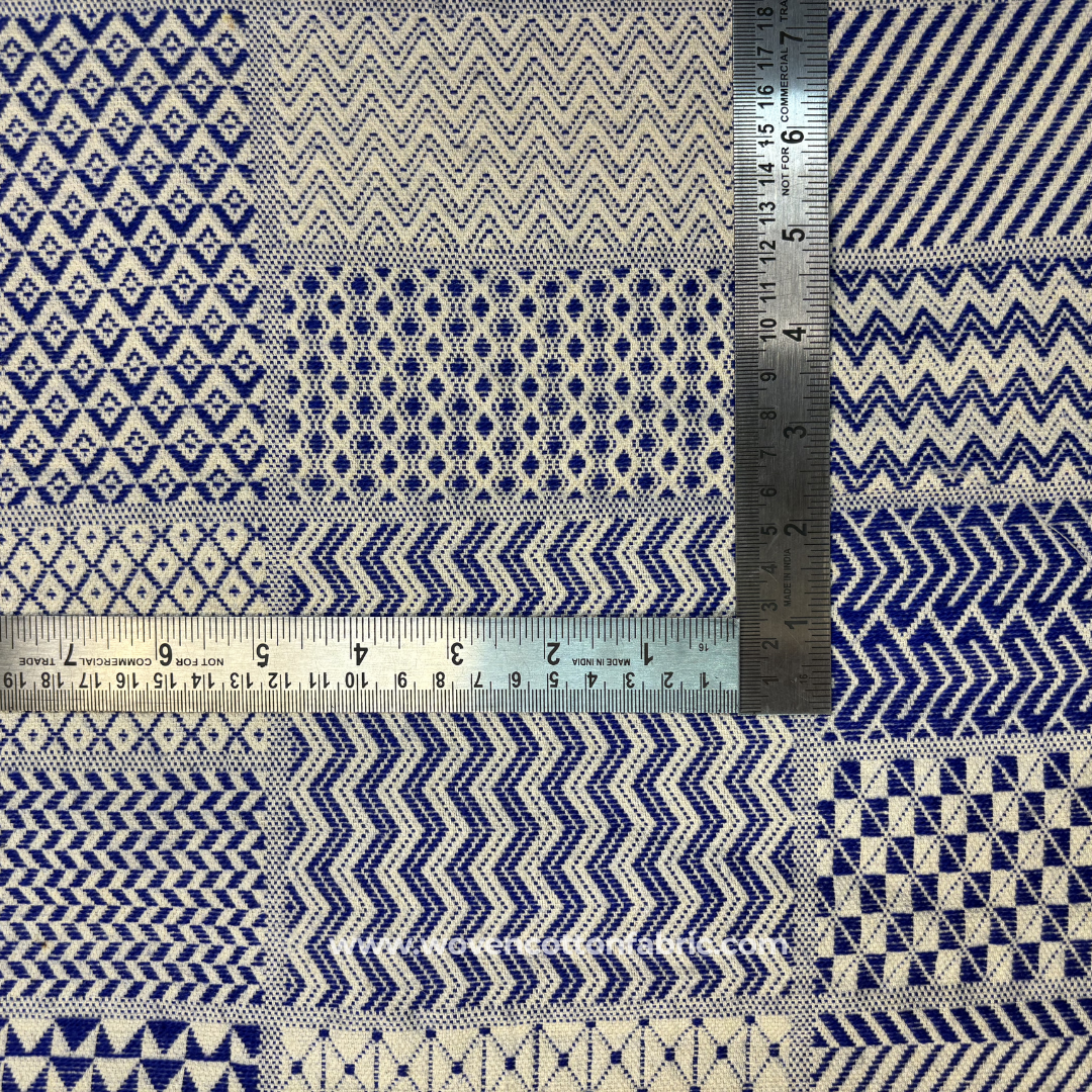 Royal Blue and White Geometric Patchwork Sampler Jacquard Cotton Handloom Fabric, Per Meter