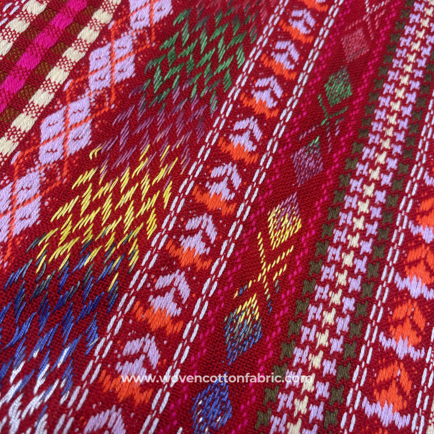 Red Multi Geometric Tribal Woven Cotton Fabric, Per Meter