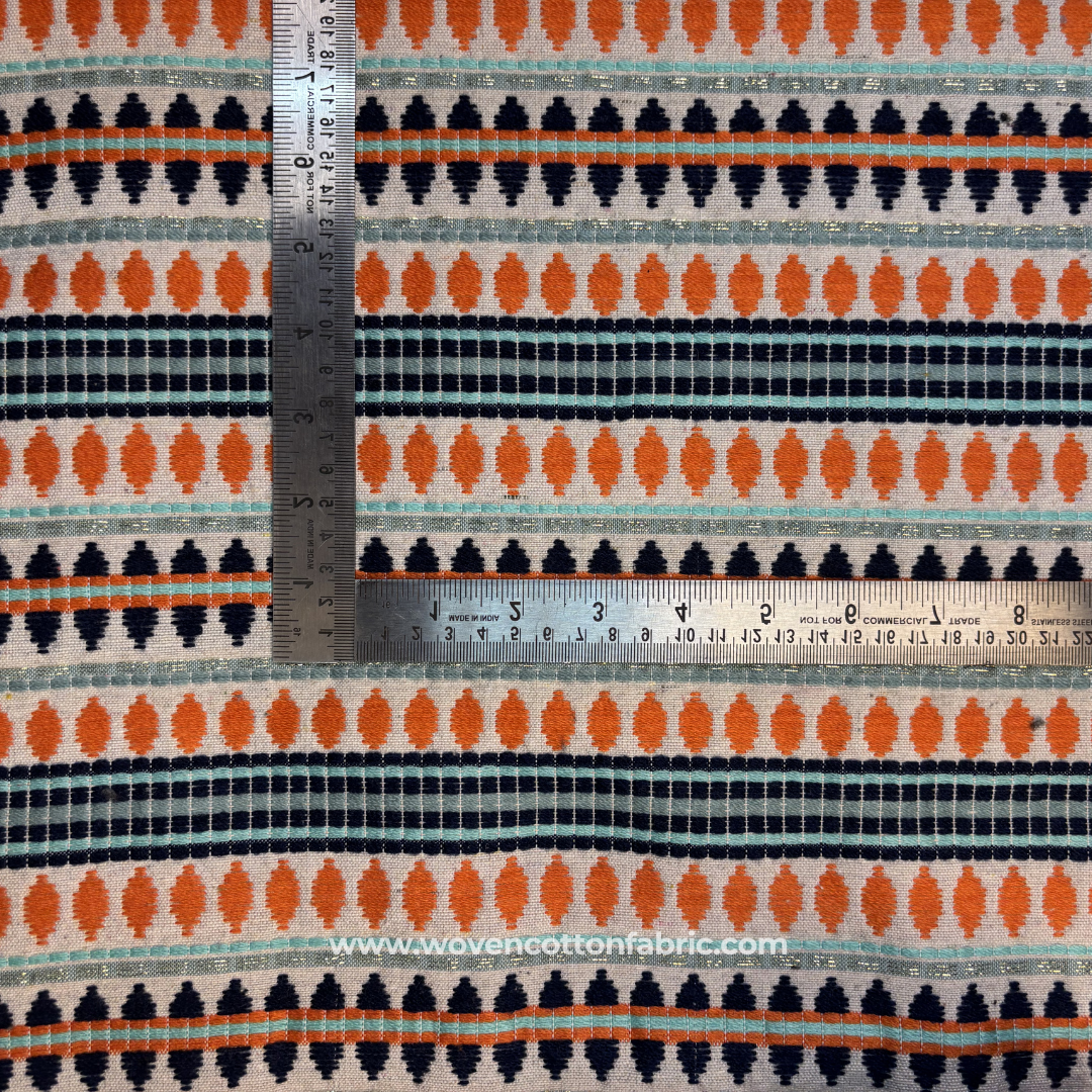 Vibrant Rust Orange and Aqua Blue Zari Geometric Striped Jacquard Cotton Handloom Fabric, Per Meter