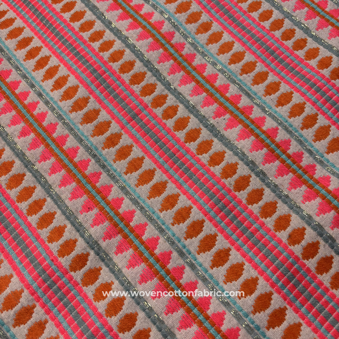 Rust & Hot Pink Geometric Stripe Jacquard Cotton Handloom Fabric, Per Meter