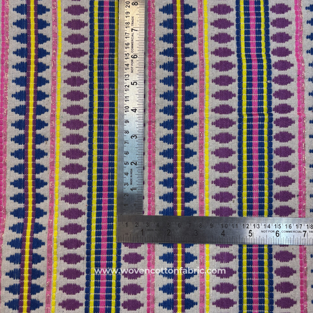 Boho Purple, Blue & Yellow Diamond Jacquard Cotton Handloom Fabric, Per Meter