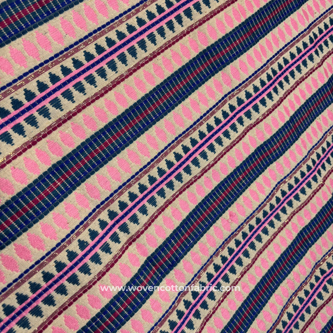 Traditional Extra-Weft Patterned Pink & Blue Jacquard Cotton Handloom Fabric, Per Meter