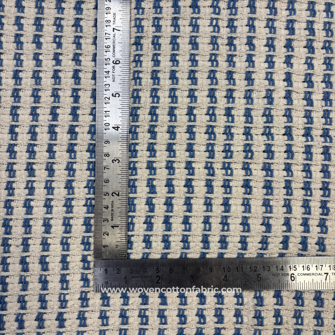 Indigo Blue Geometric Grid Textured Cotton Handloom Fabric Per Meter