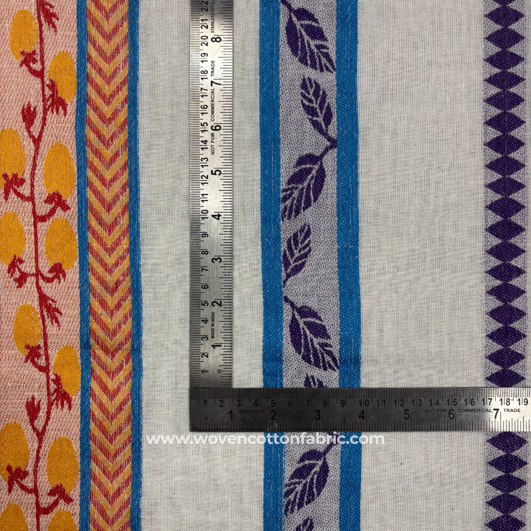 Tribal Citrus Border Blue Leaf Cotton Jacquard Fabric, Per Meter