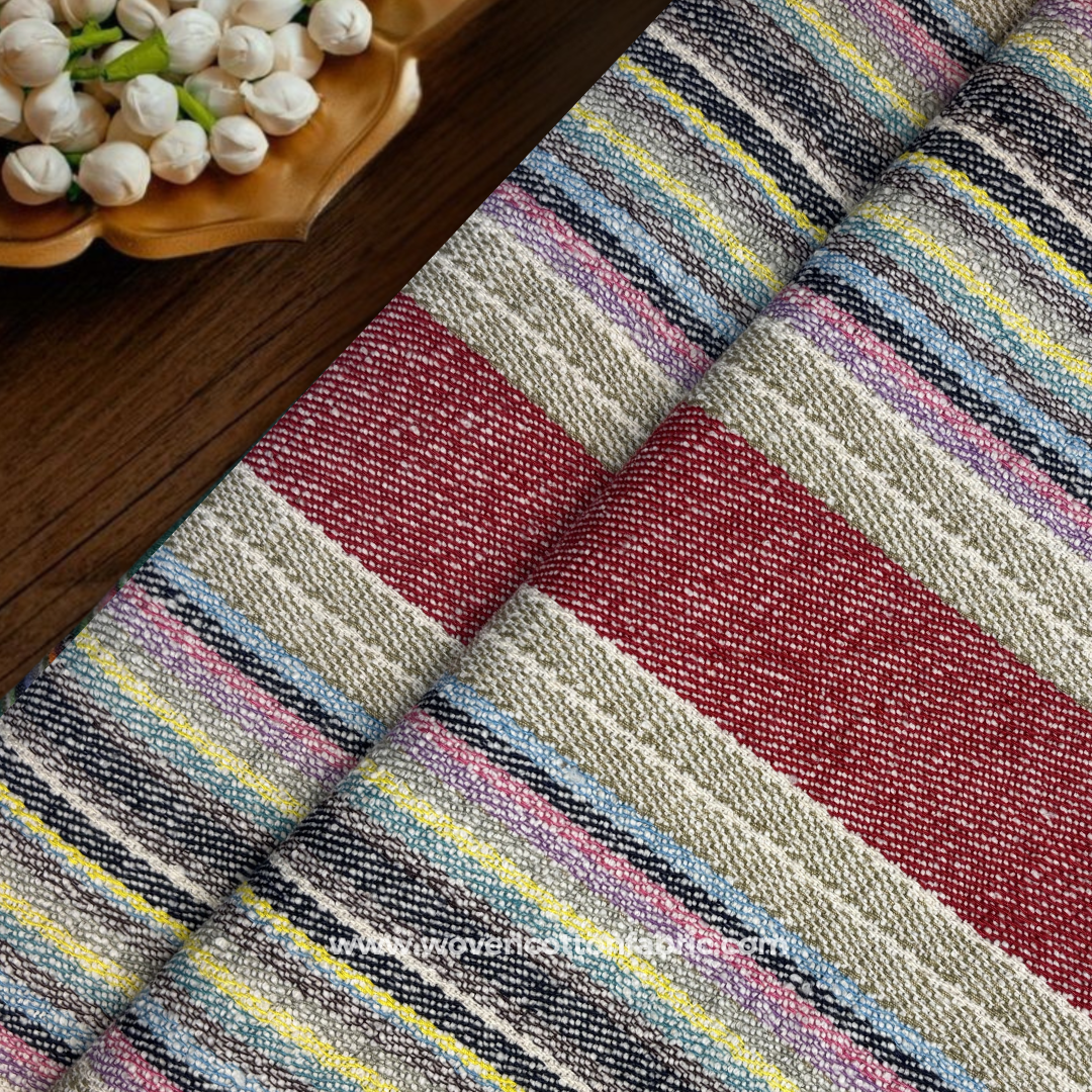 Multi-Color Striped Textured Cotton Handloom Fabric Per Meter