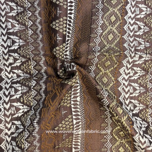 Coffee Brown and Antique Gold Intricate Geometric Tribal Jacquard Handloom Fabric Per Meter
