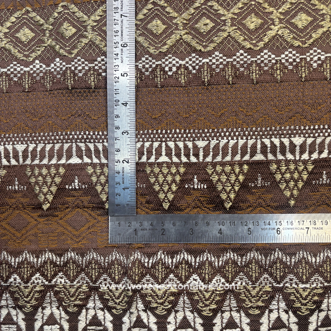 Coffee Brown and Antique Gold Intricate Geometric Tribal Jacquard Handloom Fabric Per Meter