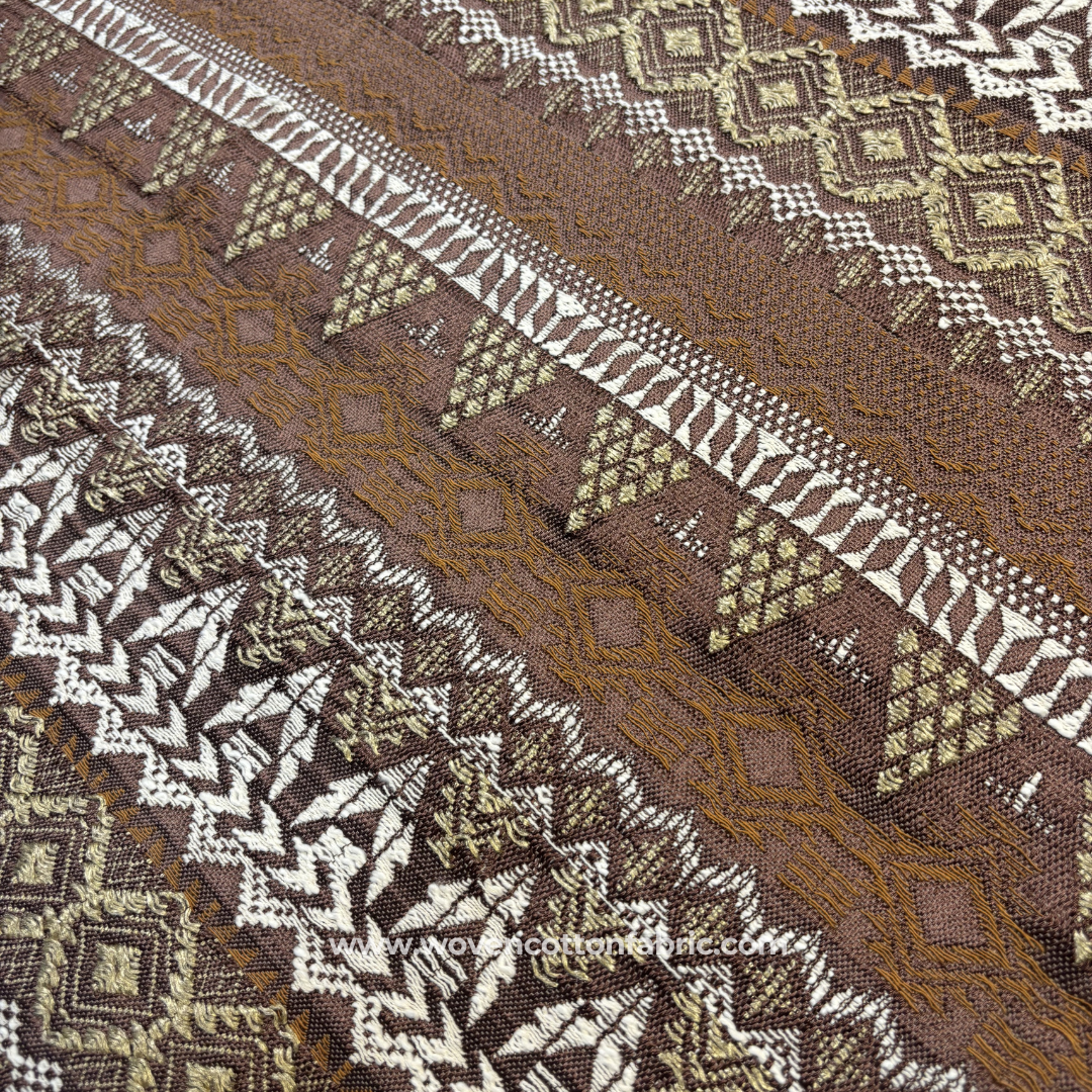 Coffee Brown and Antique Gold Intricate Geometric Tribal Jacquard Handloom Fabric Per Meter