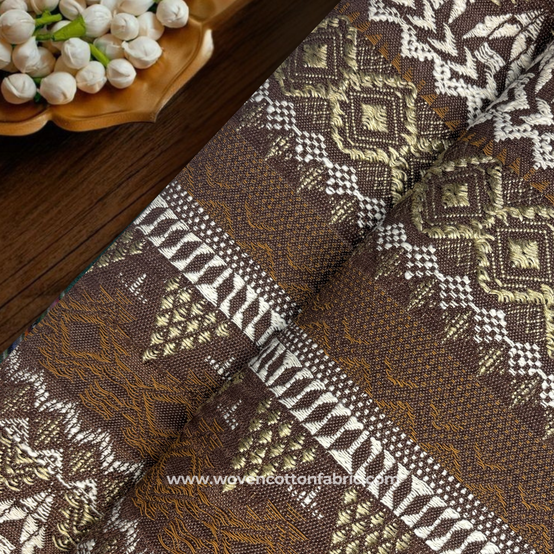 Coffee Brown and Antique Gold Intricate Geometric Tribal Jacquard Handloom Fabric Per Meter