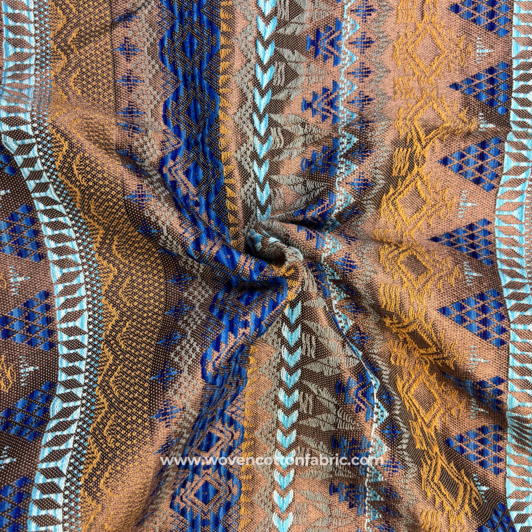 Tan Brown and Royal Blue Aztec Geometric Tribal Jacquard Handloom Fabric Per Meter