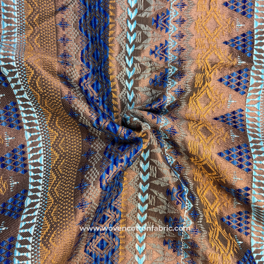 Tan Brown and Royal Blue Aztec Geometric Tribal Jacquard Handloom Fabric Per Meter