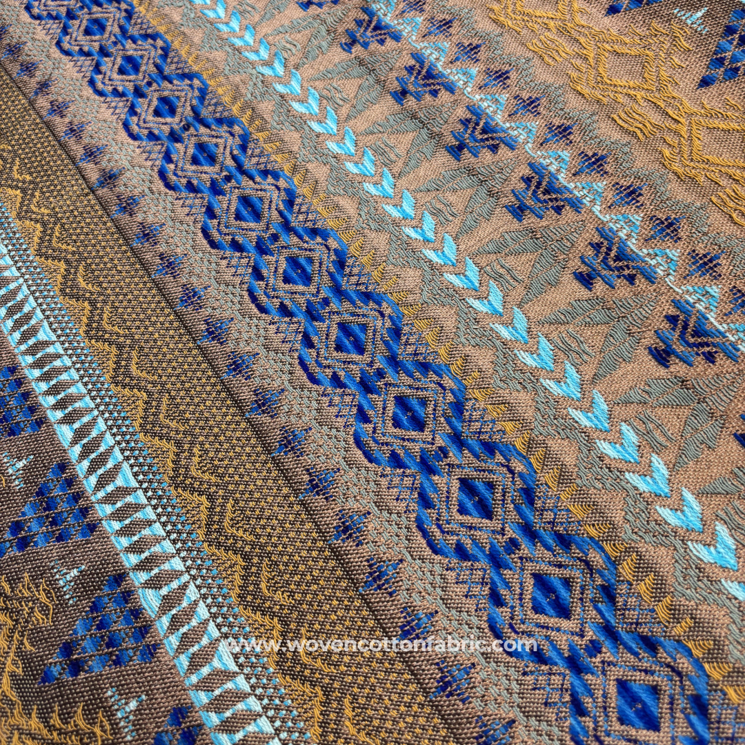 Tan Brown and Royal Blue Aztec Geometric Tribal Jacquard Handloom Fabric Per Meter