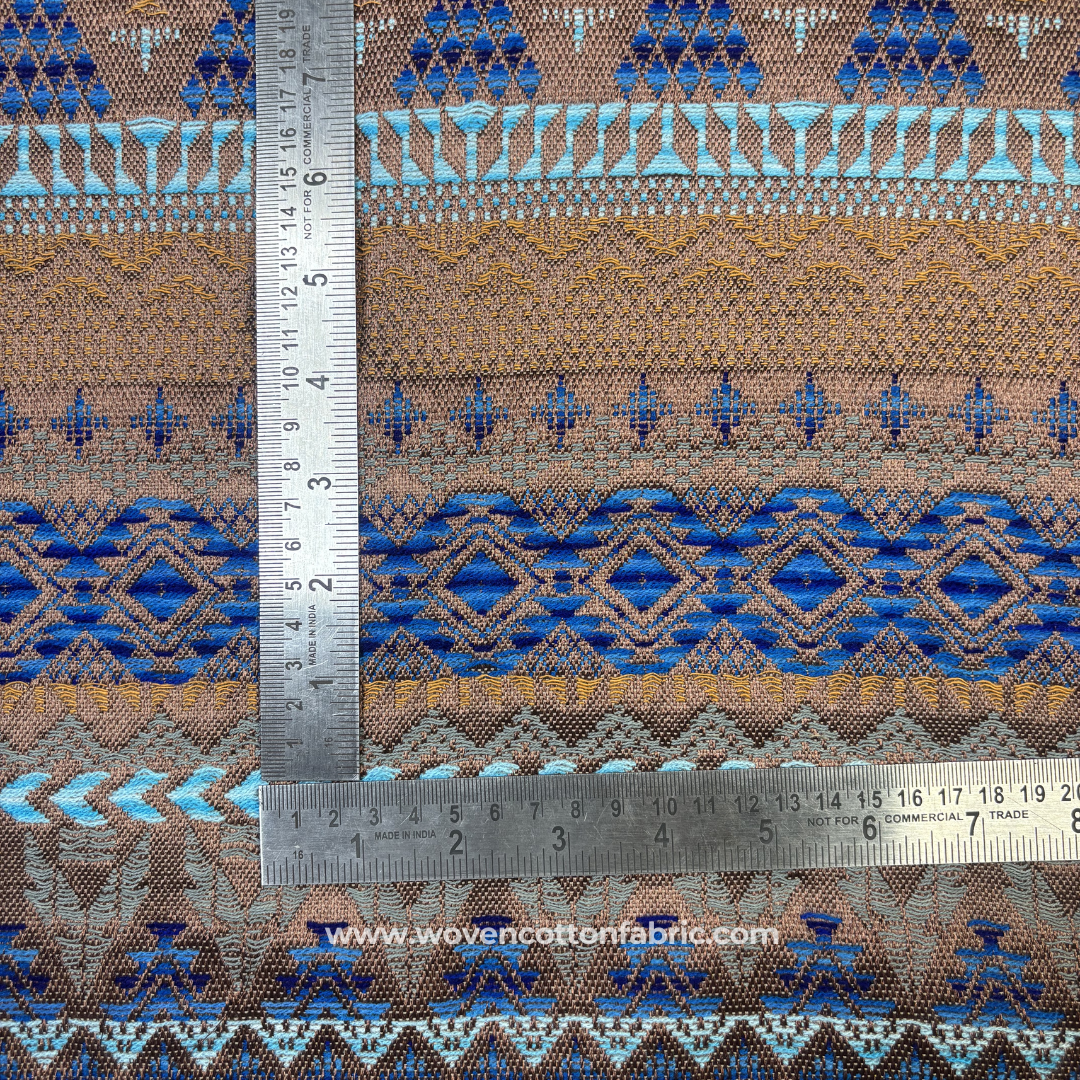 Tan Brown and Royal Blue Aztec Geometric Tribal Jacquard Handloom Fabric Per Meter