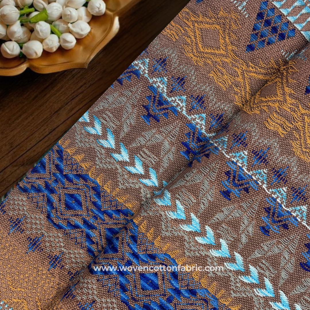 Tan Brown and Royal Blue Aztec Geometric Tribal Jacquard Handloom Fabric Per Meter