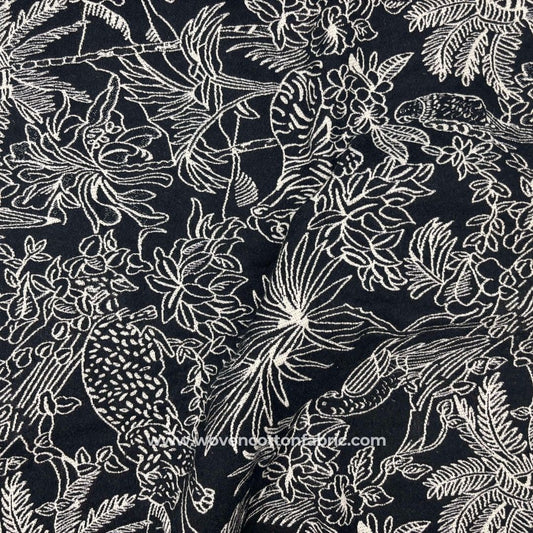 Floral Fauna Black Cotton Jacquard Fabric, A4 Swatch