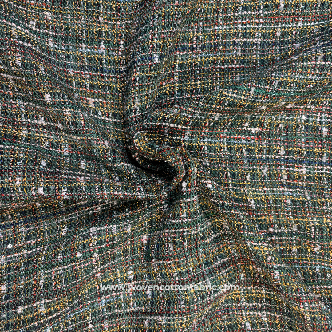 Deep Green Textured Tweed Fabric with Multi-Color Flecks Per Meter