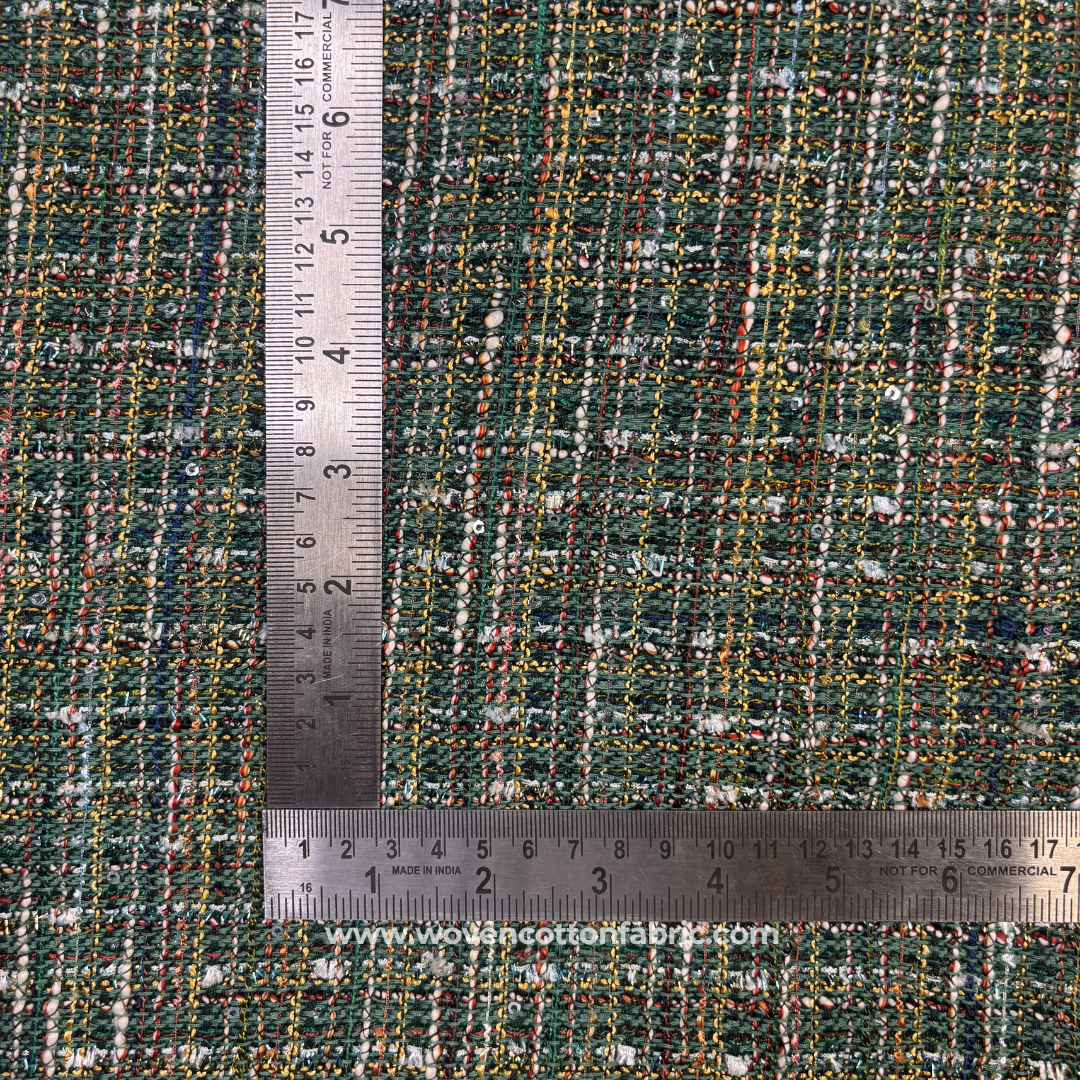Deep Green Textured Tweed Fabric with Multi-Color Flecks Per Meter